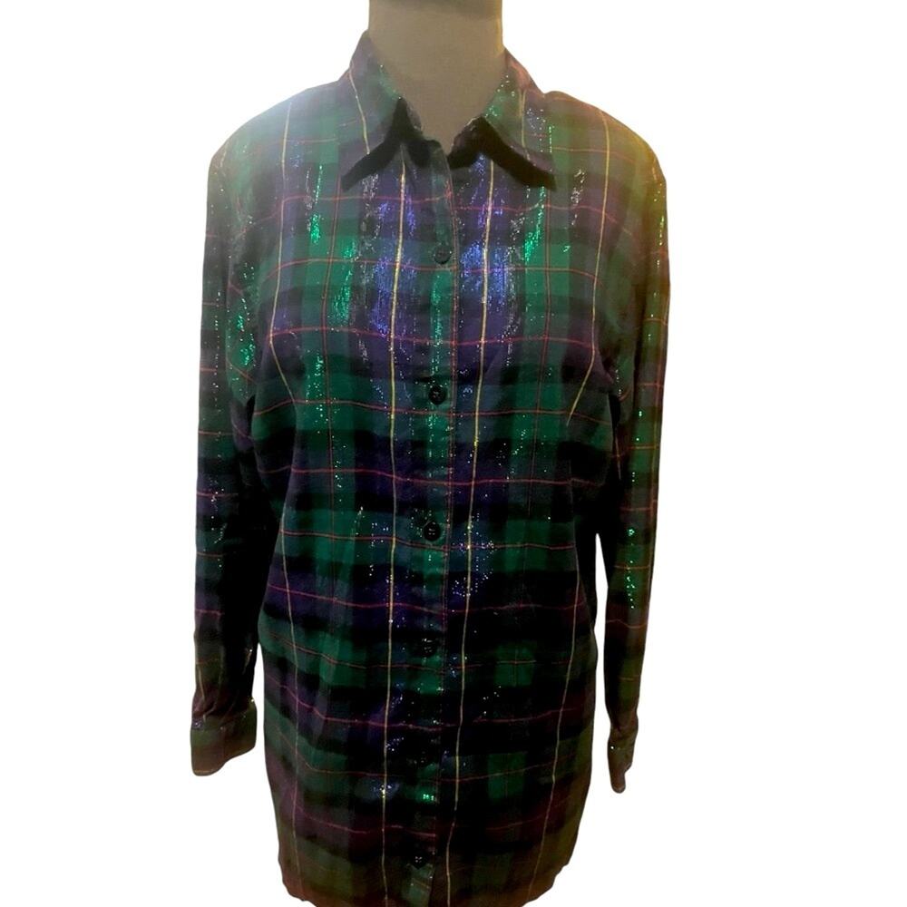 Vtg Y2K Metallic Plaid Button Front Festive Preppy Glam Holiday Blouse 14/16